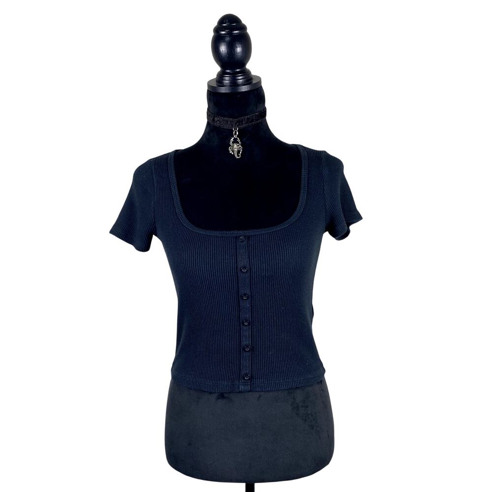 Hollister Faux Button Down Square Neck Thermal Baby Tee Academia Coquette Goth M